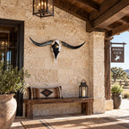 Longhorn Skull, 43” Wide – Black & White Cowhide with Western Star
