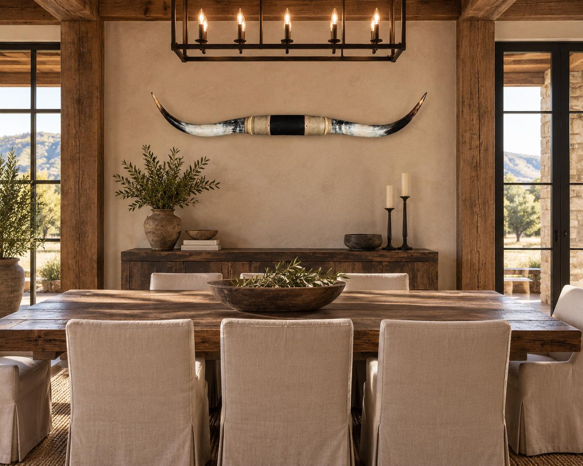 Mounted Longhorn Wall Decor, 63” Wide - Natural Horns with Cowhide-Wrapped Wood Mount