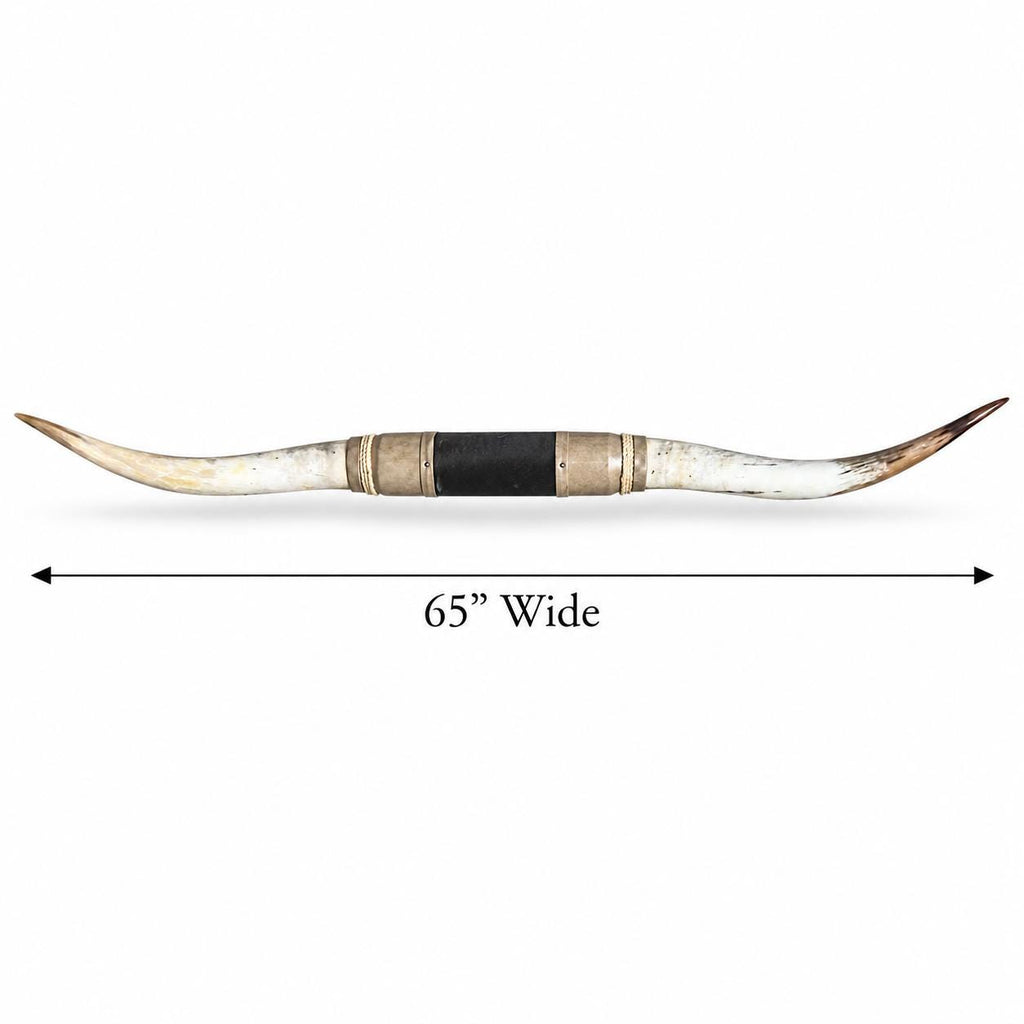 Mounted Longhorn Wall Decor, 65” Wide - Natural Horns with Cowhide-Wrapped Wood Mount