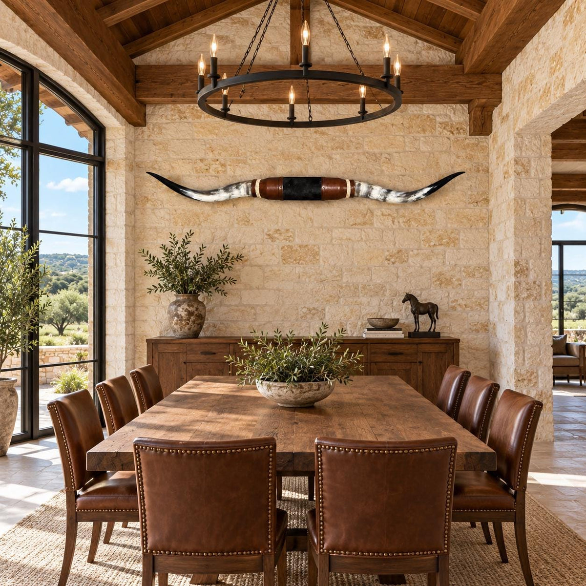 Mounted Longhorn Wall Decor, 68” Wide - Natural Horns with Cowhide-Wrapped Wood Mount