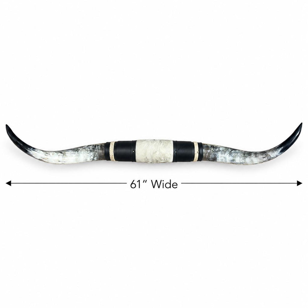 Mounted Longhorn Wall Decor, 61” Wide - Natural Horns with Cowhide-Wrapped Wood Mount