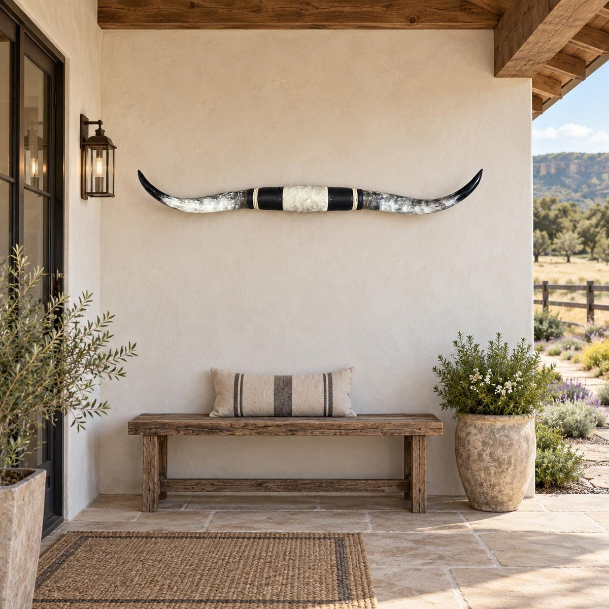 Mounted Longhorn Wall Decor, 61” Wide - Natural Horns with Cowhide-Wrapped Wood Mount