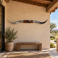 Mounted Longhorn Wall Decor, 61” Wide - Natural Horns with Cowhide-Wrapped Wood Mount