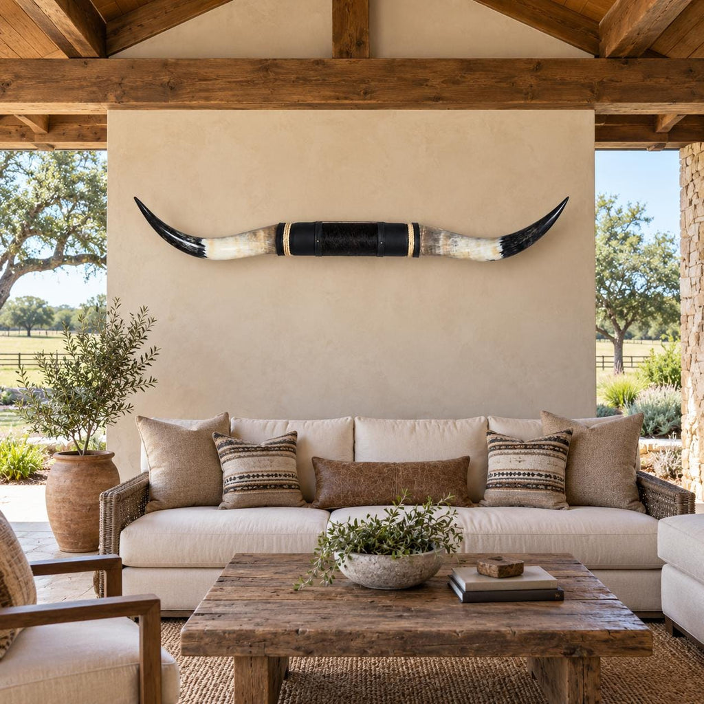 Mounted Longhorn Wall Decor, 62” Wide - Natural Horns with Cowhide-Wrapped Wood Mount