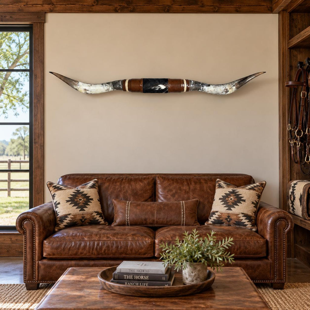 Mounted Longhorn Wall Decor, 67” Wide - Natural Horns with Cowhide-Wrapped Wood Mount