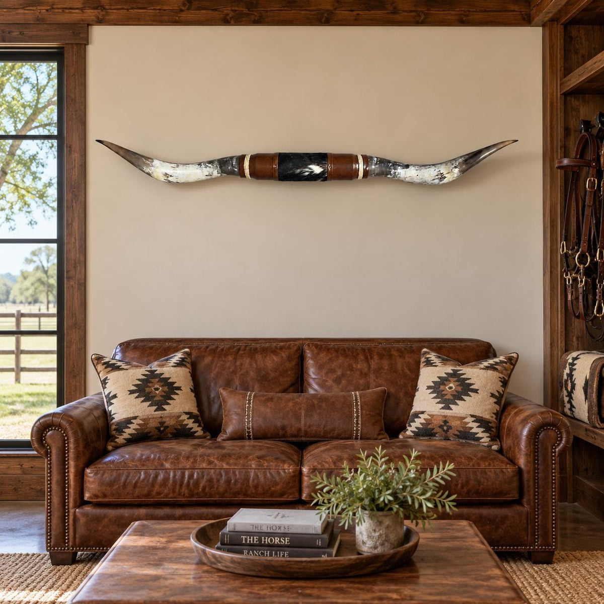 Mounted Longhorn Wall Decor, 67” Wide - Natural Horns with Cowhide-Wrapped Wood Mount