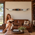 Mounted Longhorn Wall Decor, 67” Wide - Natural Horns with Cowhide-Wrapped Wood Mount