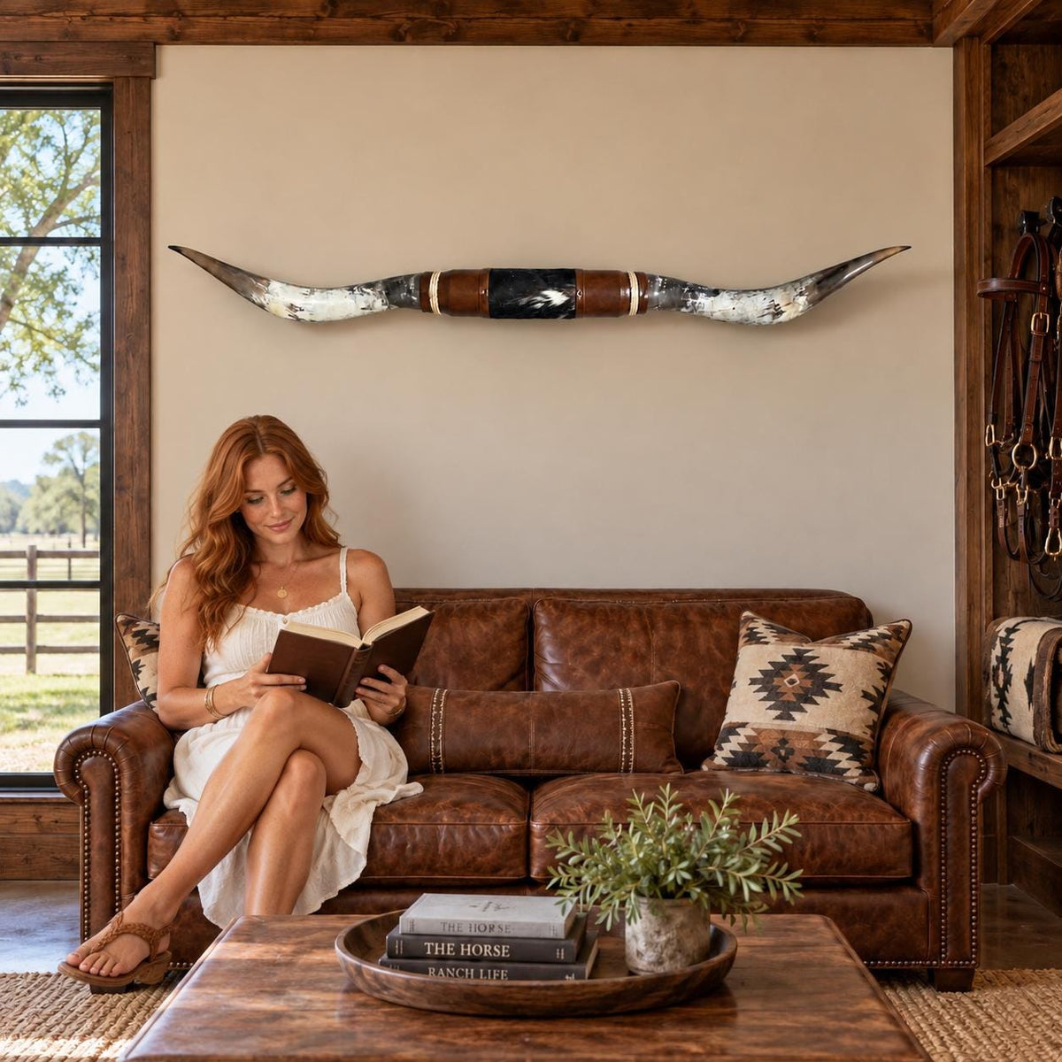 Mounted Longhorn Wall Decor, 67” Wide - Natural Horns with Cowhide-Wrapped Wood Mount