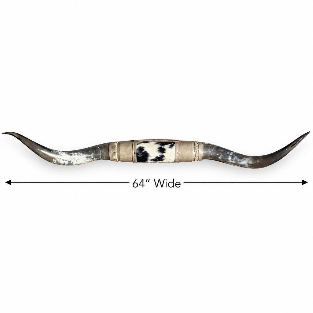 Mounted Longhorn Wall Decor, 64” Wide - Natural Horns with Cowhide-Wrapped Wood Mount