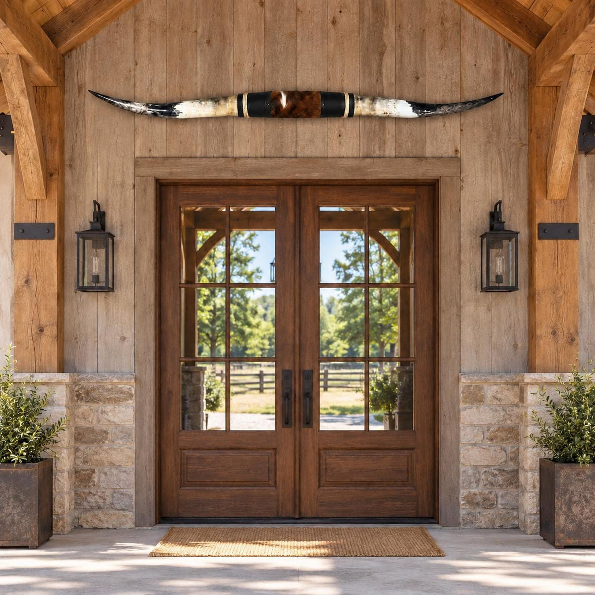 Mounted Longhorn Wall Decor, 63” Wide - Natural Horns with Cowhide-Wrapped Wood Mount