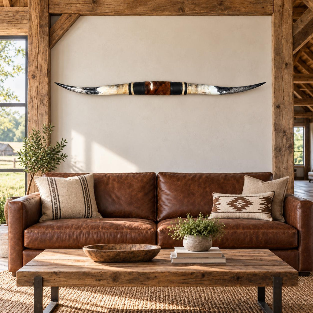 Mounted Longhorn Wall Decor, 63” Wide - Natural Horns with Cowhide-Wrapped Wood Mount