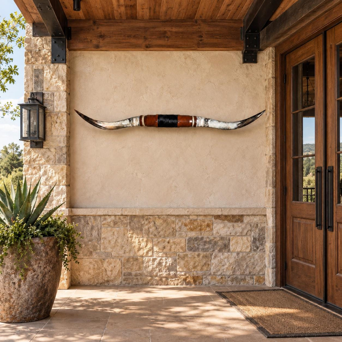 Mounted Longhorn Wall Decor, 68” Wide - Natural Horns with Cowhide-Wrapped Wood Mount