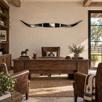 Mounted Longhorn Wall Decor, 67” Wide - Natural Horns with Cowhide-Wrapped Wood Mount
