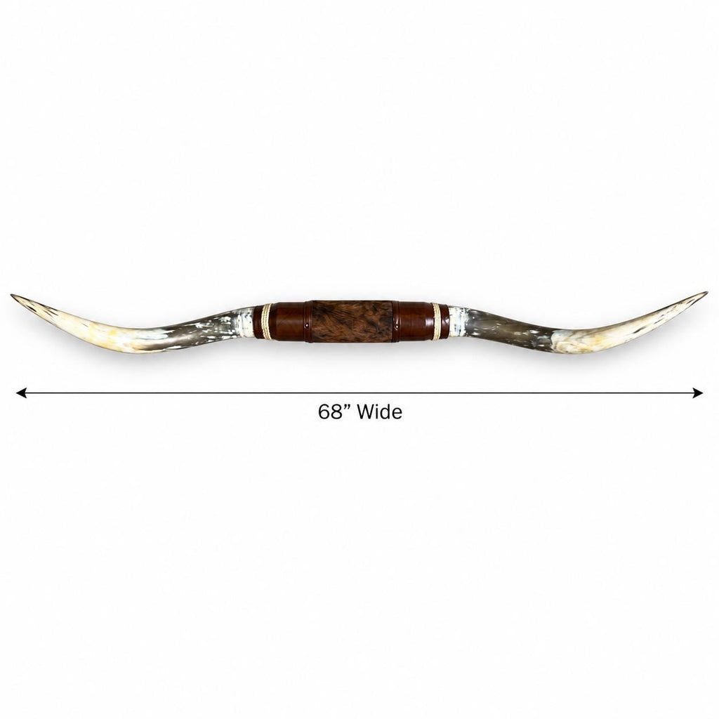 Mounted Longhorn Wall Decor, 68” Wide - Natural Horns with Cowhide-Wrapped Wood Mount