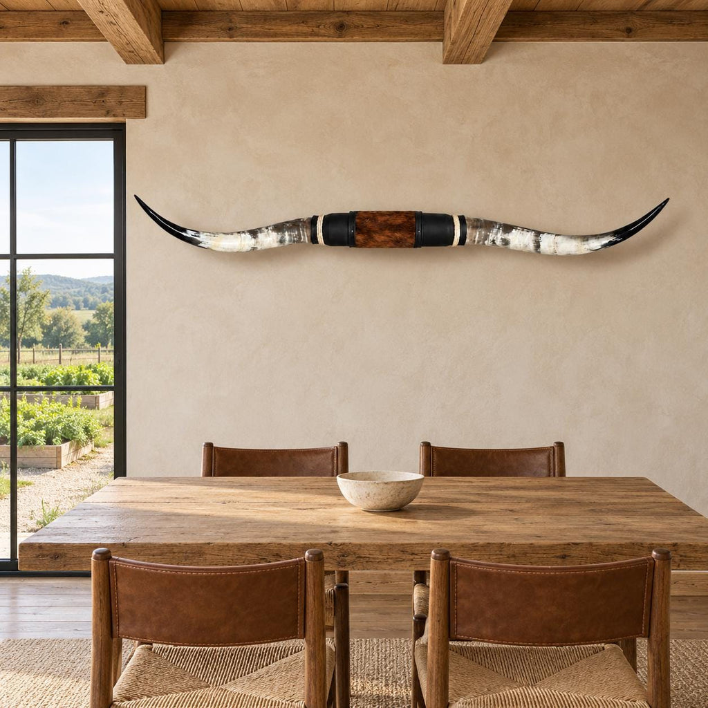 Mounted Longhorn Wall Decor, 64” Wide - Natural Horns with Cowhide-Wrapped Wood Mount