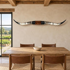 Mounted Longhorn Wall Decor, 64” Wide - Natural Horns with Cowhide-Wrapped Wood Mount
