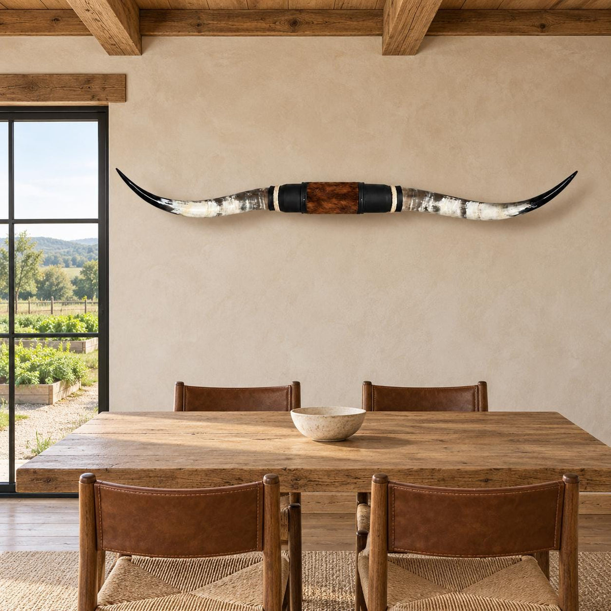 Mounted Longhorn Wall Decor, 64” Wide - Natural Horns with Cowhide-Wrapped Wood Mount