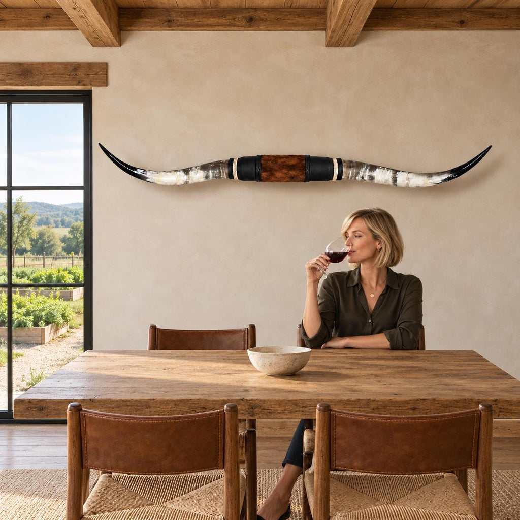 Mounted Longhorn Wall Decor, 64” Wide - Natural Horns with Cowhide-Wrapped Wood Mount