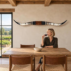 Mounted Longhorn Wall Decor, 64” Wide - Natural Horns with Cowhide-Wrapped Wood Mount