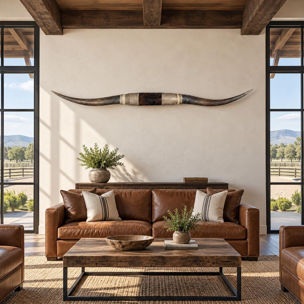 Mounted Longhorn Wall Decor, 70” Wide - Natural Horns with Cowhide-Wrapped Wood Mount
