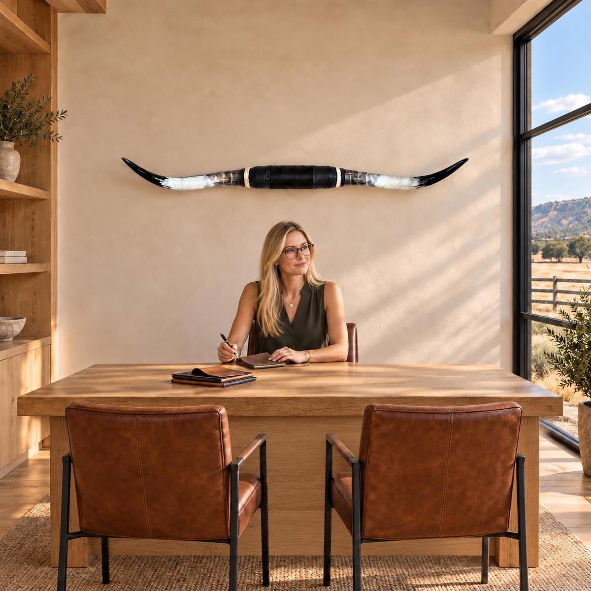 Mounted Longhorn Wall Decor, 59” Wide - Natural Horns with Cowhide-Wrapped Wood Mount