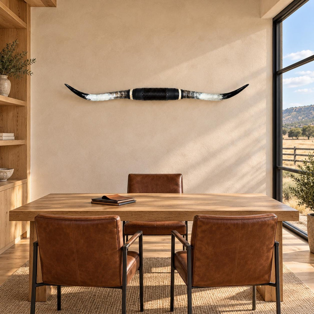 Mounted Longhorn Wall Decor, 59” Wide - Natural Horns with Cowhide-Wrapped Wood Mount
