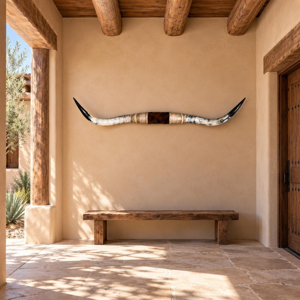 Mounted Longhorn Wall Decor, 63” Wide - Natural Horns with Cowhide-Wrapped Wood Mount