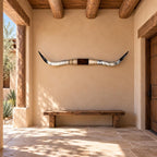 Mounted Longhorn Wall Decor, 63” Wide - Natural Horns with Cowhide-Wrapped Wood Mount