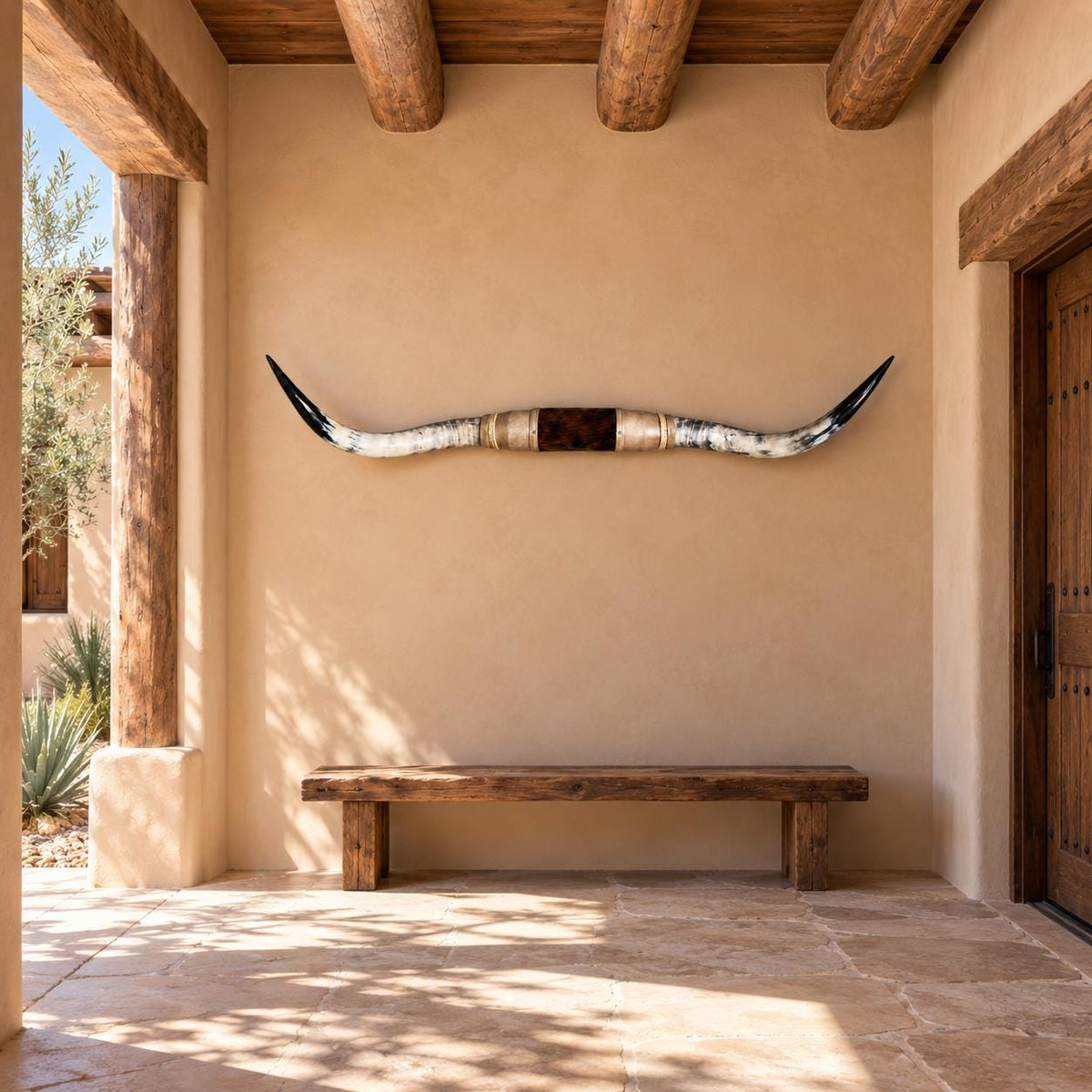 Mounted Longhorn Wall Decor, 63” Wide - Natural Horns with Cowhide-Wrapped Wood Mount