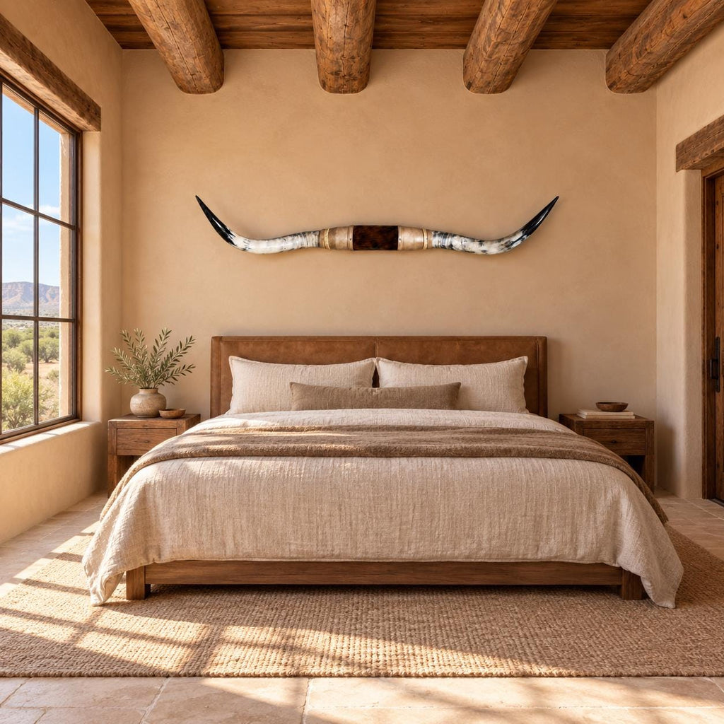 Mounted Longhorn Wall Decor, 63” Wide - Natural Horns with Cowhide-Wrapped Wood Mount