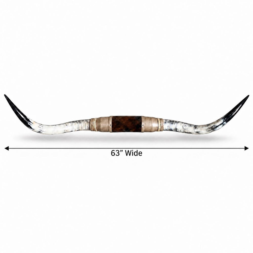 Mounted Longhorn Wall Decor, 63” Wide - Natural Horns with Cowhide-Wrapped Wood Mount