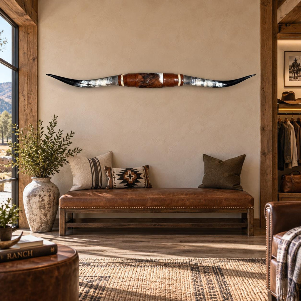 Mounted Longhorn Wall Decor, 69” Wide - Natural Horns with Cowhide-Wrapped Wood Mount