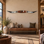 Mounted Longhorn Wall Decor, 69” Wide - Natural Horns with Cowhide-Wrapped Wood Mount