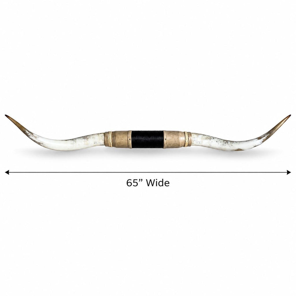 Mounted Longhorn Wall Decor, 65” Wide - Natural Horns with Cowhide-Wrapped Wood Mount