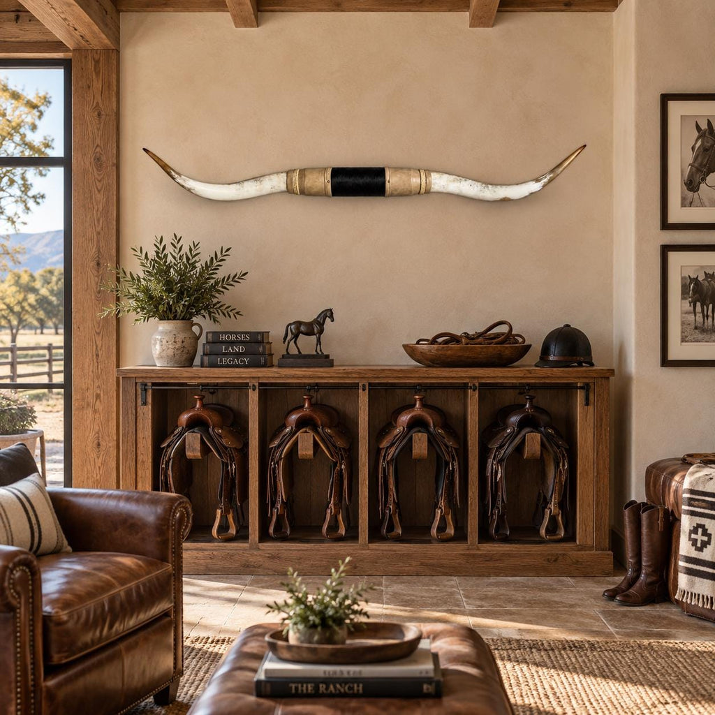 Mounted Longhorn Wall Decor, 65” Wide - Natural Horns with Cowhide-Wrapped Wood Mount