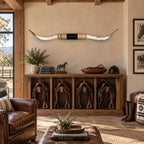 Mounted Longhorn Wall Decor, 65” Wide - Natural Horns with Cowhide-Wrapped Wood Mount