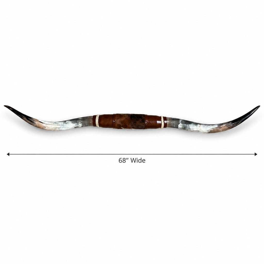 Mounted Longhorn Wall Decor, 68” Wide - Natural Horns with Cowhide-Wrapped Wood Mount