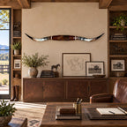 Mounted Longhorn Wall Decor, 68” Wide - Natural Horns with Cowhide-Wrapped Wood Mount