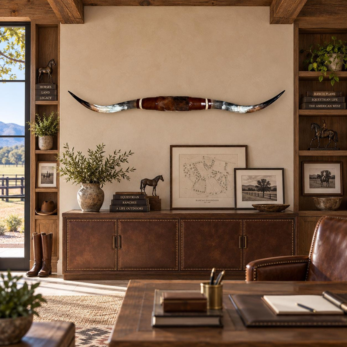 Mounted Longhorn Wall Decor, 68” Wide - Natural Horns with Cowhide-Wrapped Wood Mount