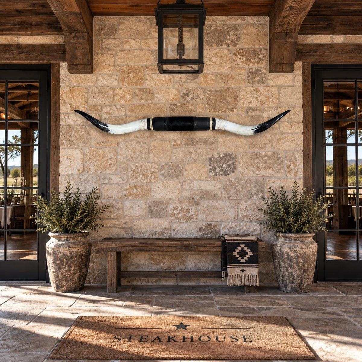 Mounted Longhorn Wall Decor, 66” Wide - Natural Horns with Cowhide-Wrapped Wood Mount