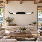 Mounted Longhorn Wall Decor, 69” Wide - Natural Horns with Cowhide-Wrapped Wood Mount