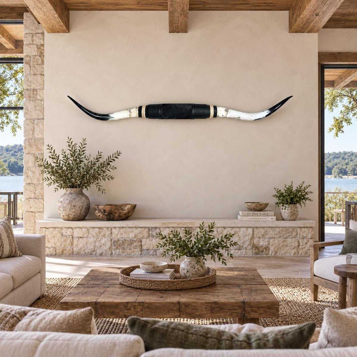 Mounted Longhorn Wall Decor, 69” Wide - Natural Horns with Cowhide-Wrapped Wood Mount