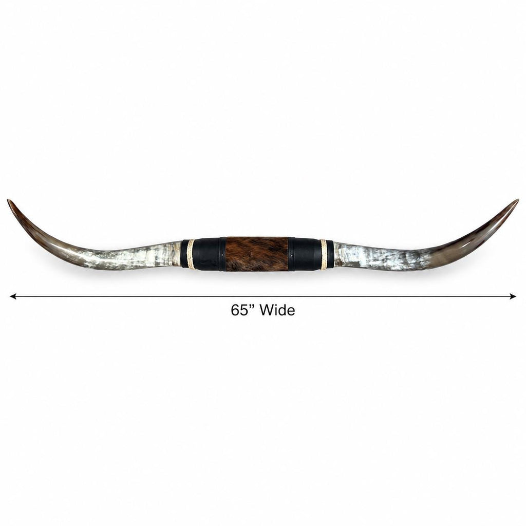 Mounted Longhorn Wall Decor, 65” Wide - Natural Horns with Cowhide-Wrapped Wood Mount