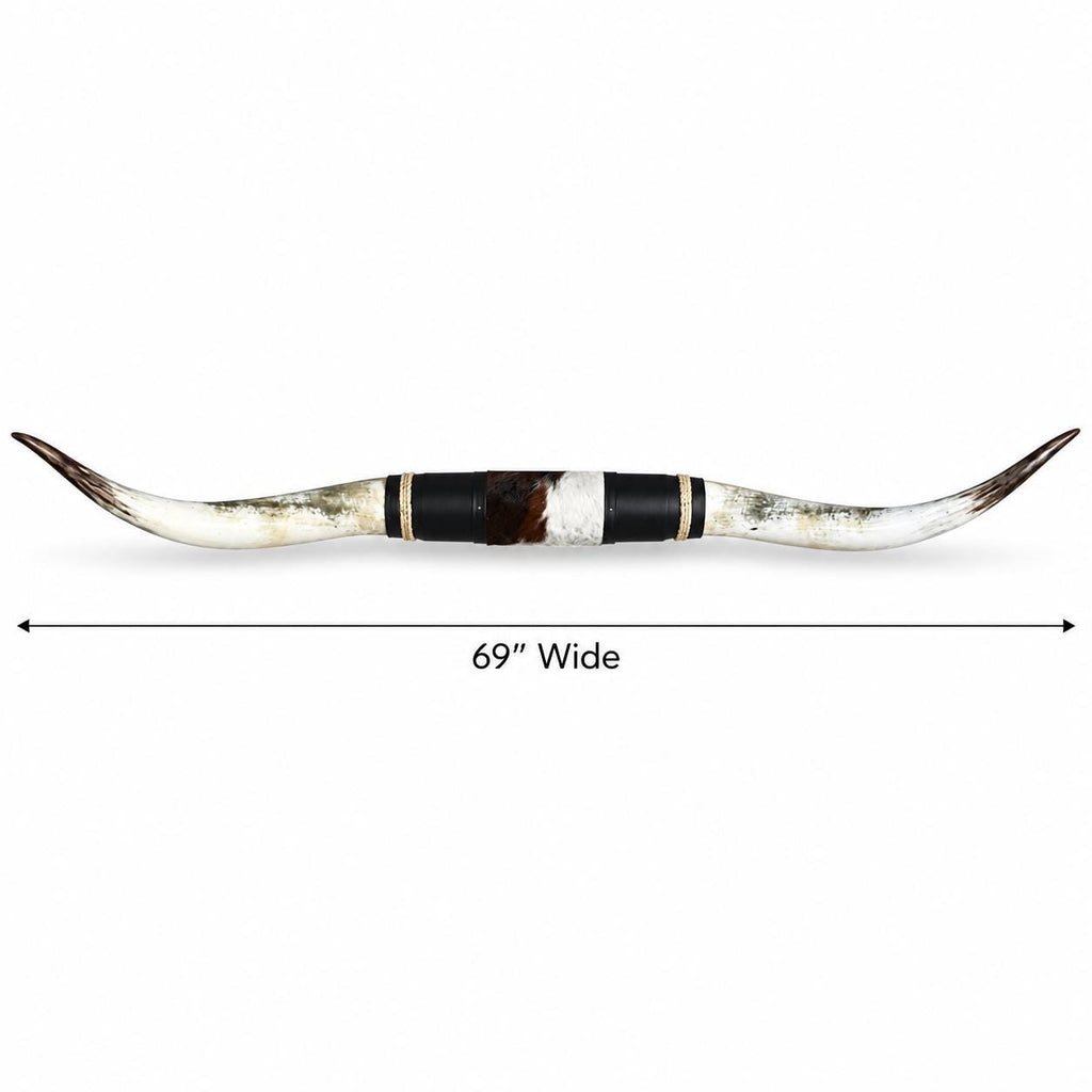 Mounted Longhorn Wall Decor, 69” Wide - Natural Horns with Cowhide-Wrapped Wood Mount