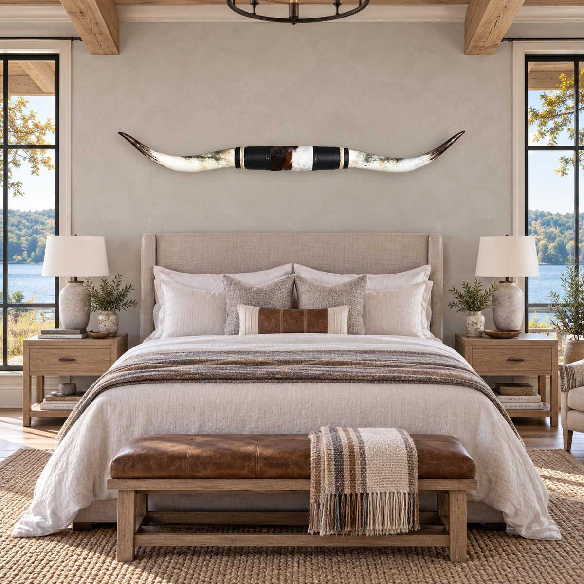 Mounted Longhorn Wall Decor, 69” Wide - Natural Horns with Cowhide-Wrapped Wood Mount