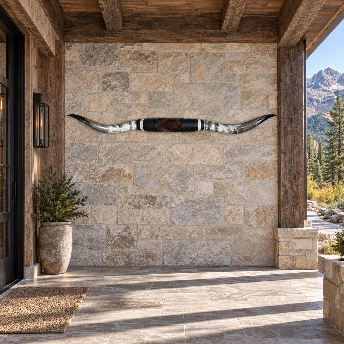 Mounted Longhorn Wall Decor, 69” Wide - Natural Horns with Cowhide-Wrapped Wood Mount