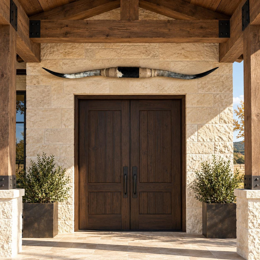 Mounted Longhorn Wall Decor, Approx. 6 Ft Wide - Slender Natural Horns with Cowhide-Wrapped Wood Mount