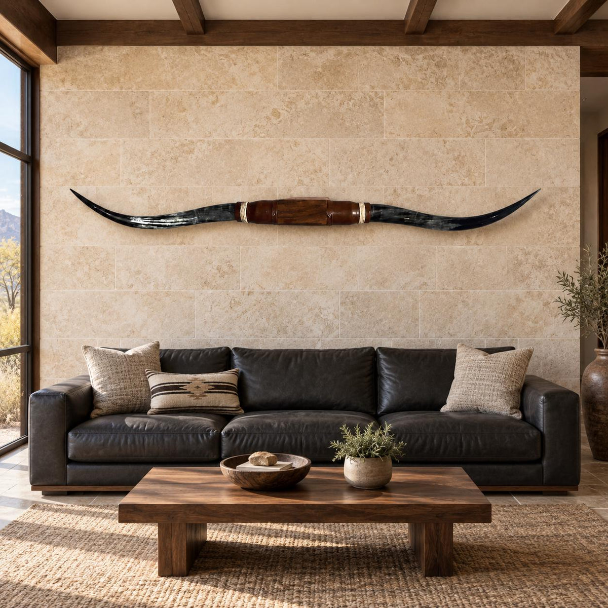Mounted Longhorn Wall Decor, Approx. 6 Ft Wide - Two-Tone Natural Horns with Cowhide-Wrapped Wood Mount