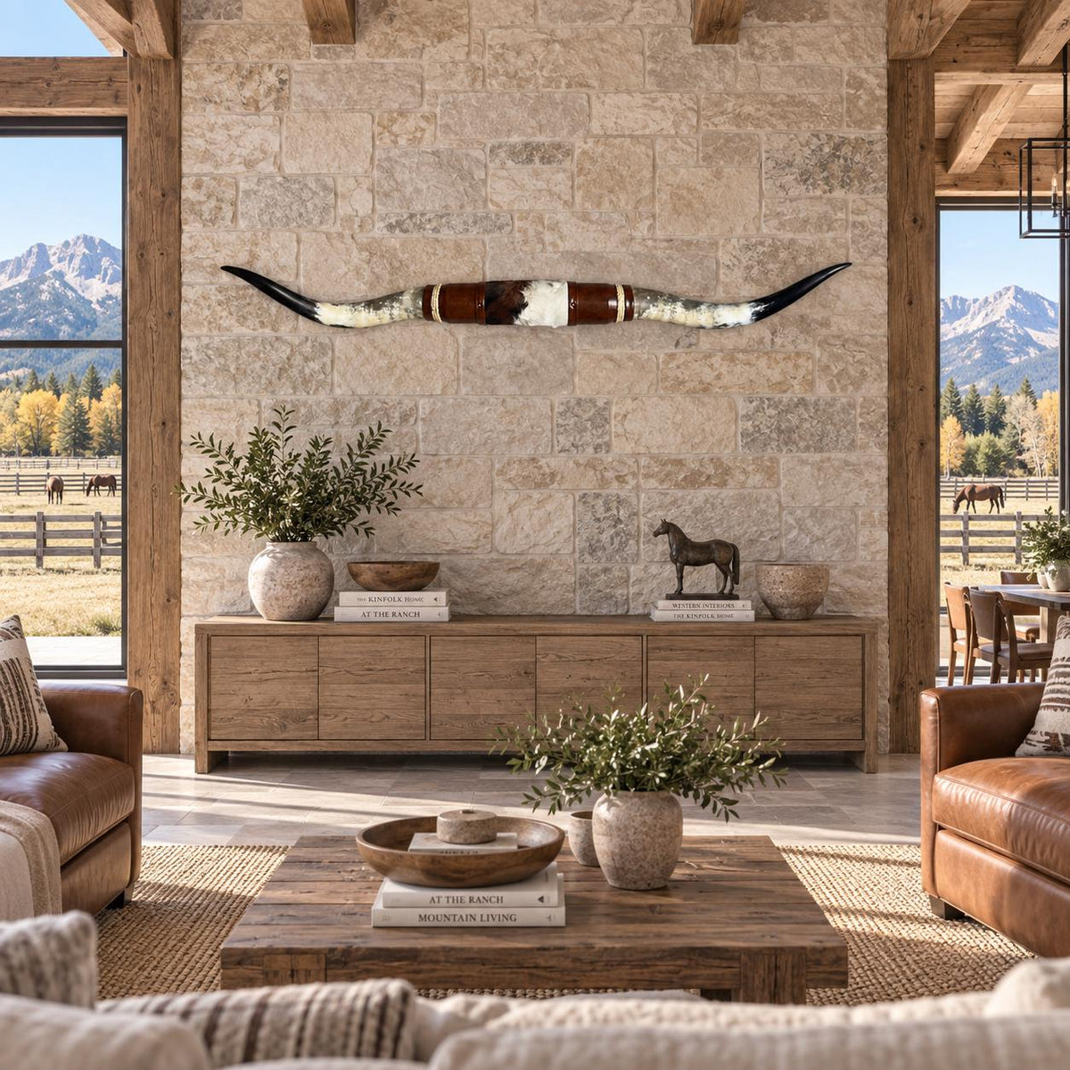 Mounted Longhorn Wall Decor, 68” Wide - Natural Horns with Cowhide-Wrapped Wood Mount
