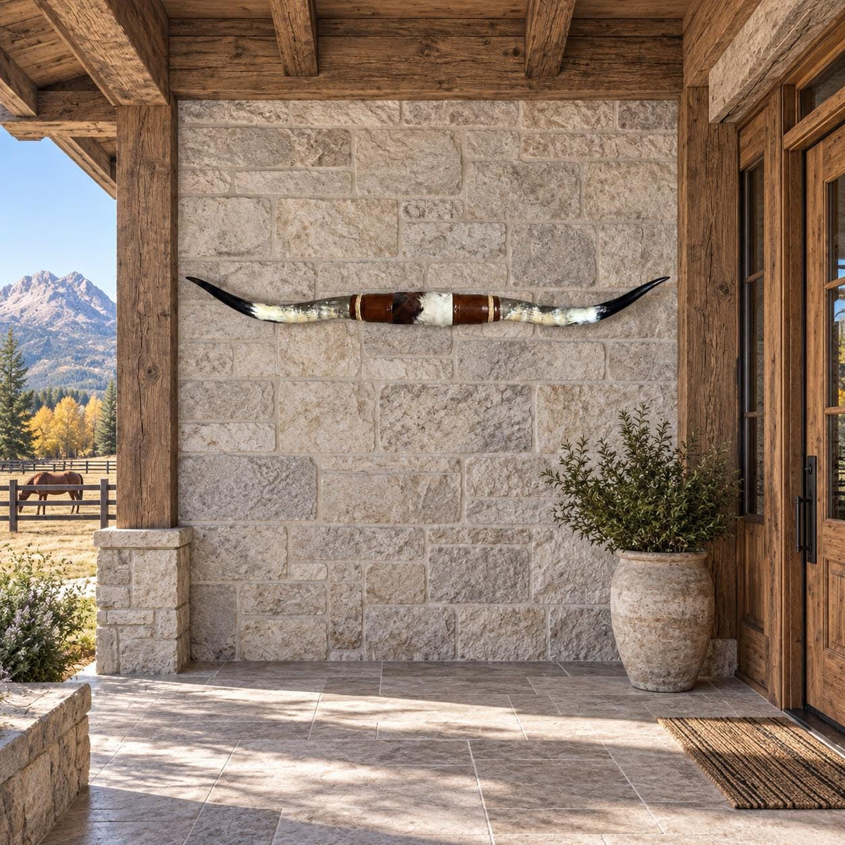 Mounted Longhorn Wall Decor, 68” Wide - Natural Horns with Cowhide-Wrapped Wood Mount